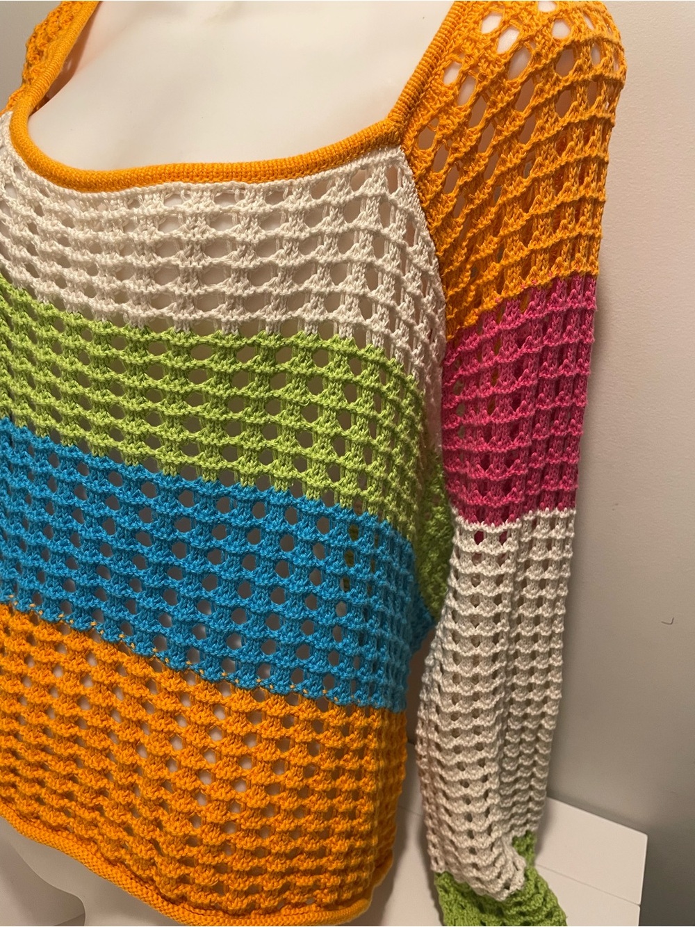 Wild Fable Brand Size XL Cropped Crochet Sweater Rainbow Stripes Bright Colors - Picture 4 of 6